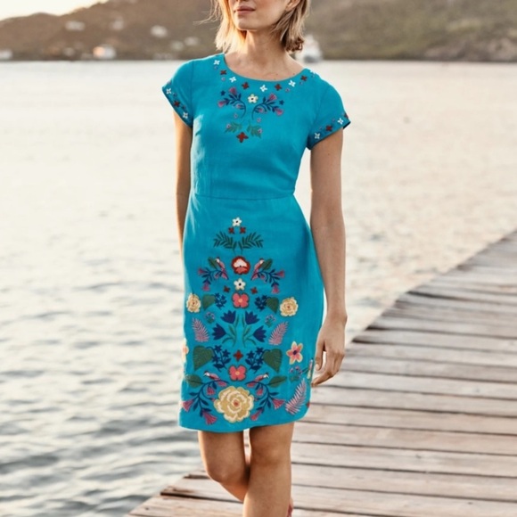 Boden Laura Linen Blue Lagoon Shift Dress Floral Embroidered Size 2R - Picture 3 of 16